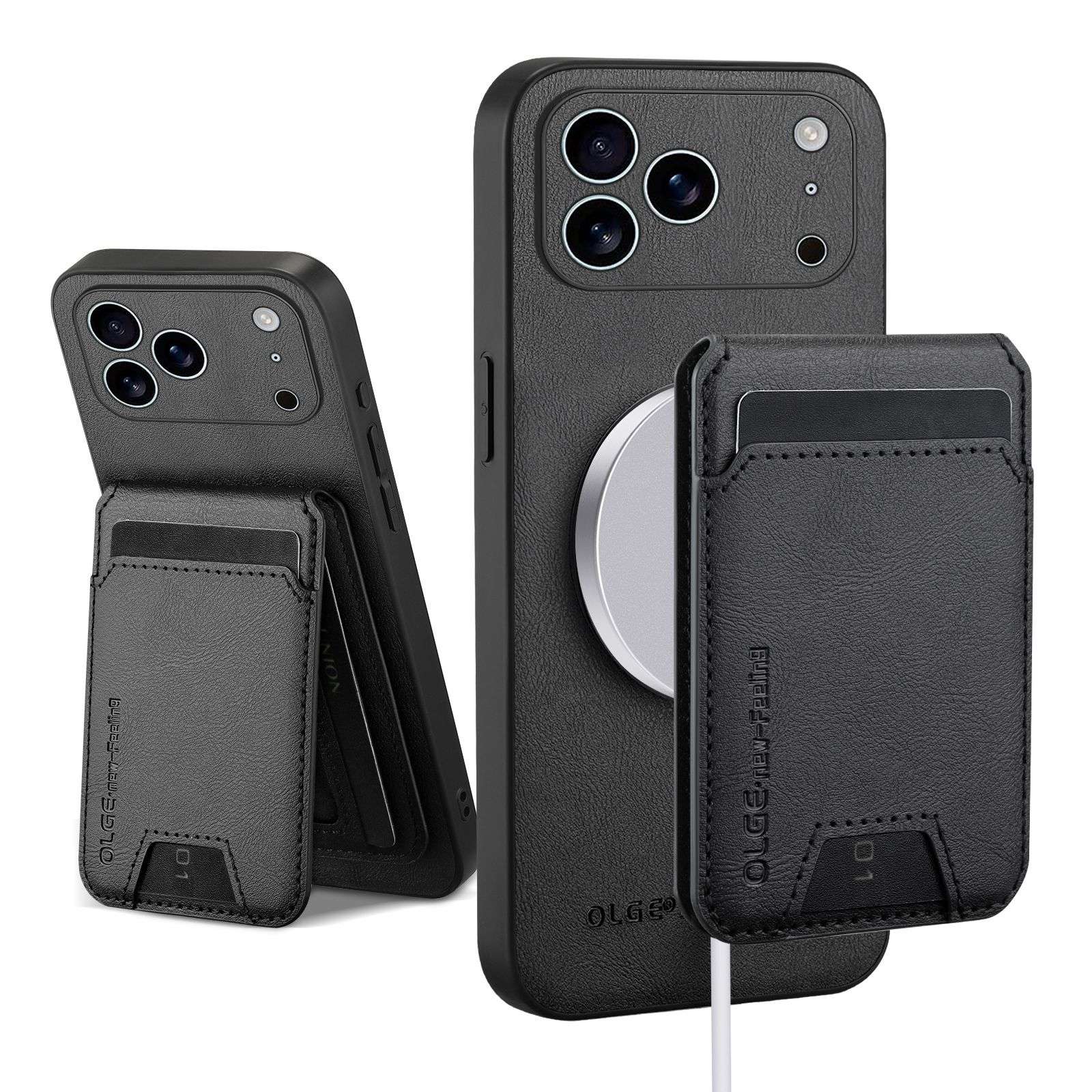 Husa pentru Apple iPhone 17 Pro Max, Piele Eleganta, Portcard Magnetic, Stand, MagSafe, Negru