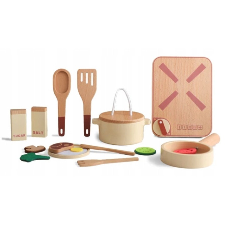 Set de accesorii de bucatarie pentru copii, din lemn, set 1, format din: tigaie, oala cu capac, torta, platou, 2 recipiente pentru condimente, umar, lingura, furculita, cutit, ou prajit, carne, broccoli, rosie, castravete, ciuperca, ceapa, culoare: multic