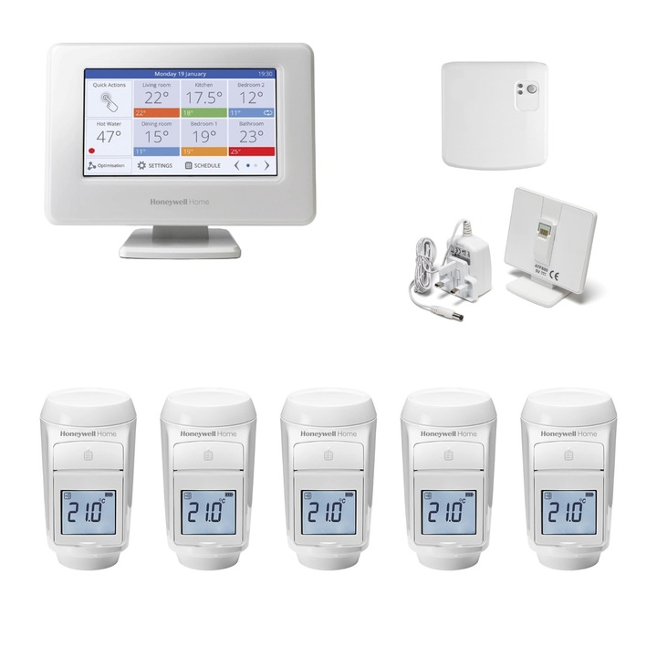 Pachet Honeywell Home, control 5 radiatoare prin capetete termostatice, zonare inteligentă, Wi-Fi