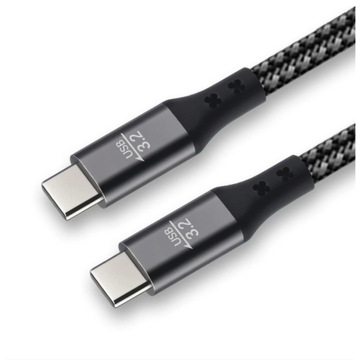 Кабел за данни USB-C 3.2, трансфер на данни 20Gbps, зареждане PD 120W лаптоп, телефон, видео 4K@60Hz, сив, текстилен, 2м, съвместим с Thunderbolt 3/4 и Iphone 15/16 и Xiaomi Huawei Samsun