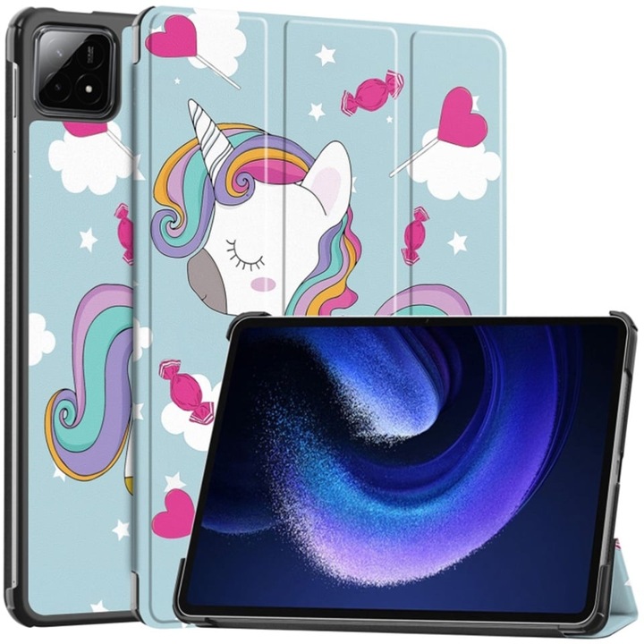 Husa tableta pentru Xiaomi Pad 6S Pro 12.4, SKYDDAR INNOVATION, cu suport Multi-Unghi si functie Sleep/Wake, FoldPro, Unicorn, set cu sticker