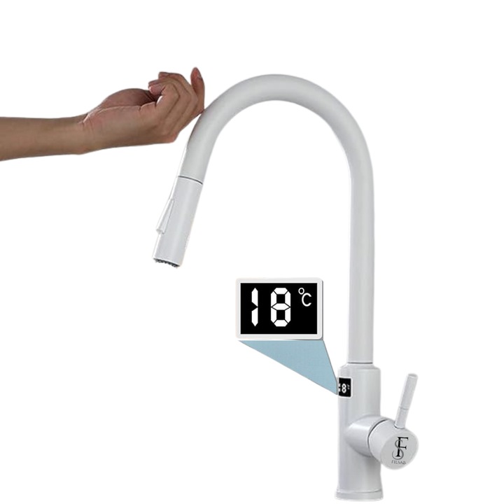 Baterie bucatarie alba, profesionala, afisaj digital LED temperatura, senzor de pornire la atingere (touch control), rotire 360°, dus extractibil si pipa pivotanta, 2 functii de curgere a apei, silentios, smart touch, modern, ultima generatie, FilSAB