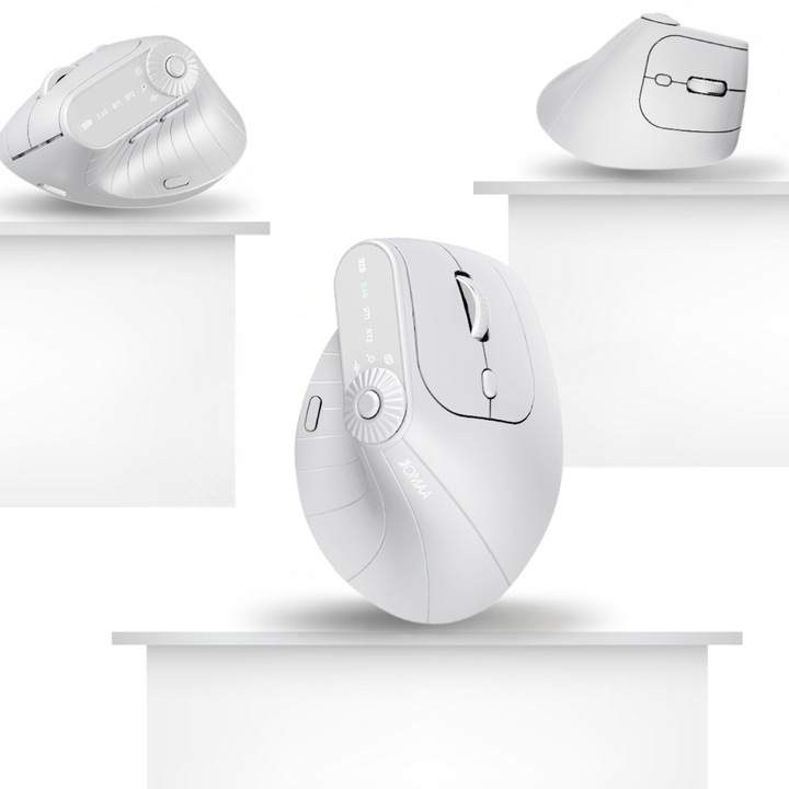 ZYNERA™ függőleges ergonomikus egér, 2.4G vezeték nélküli, kettős Bluetooth BT 5.2/3.0 csatlakozás, 4 lépésben állítható DPI, ergonomikus csuklótámasz, multifunkcionális állítható gombbal, fehér