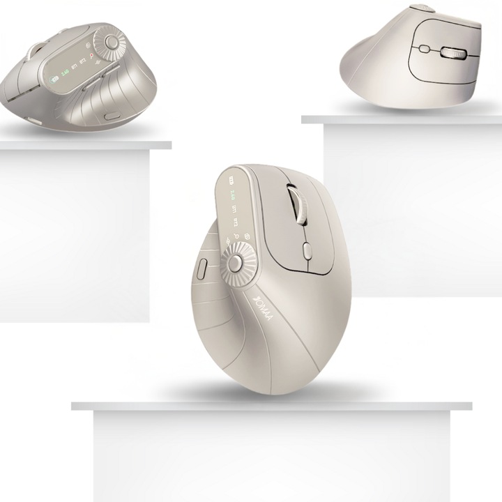 ZYNERA™ függőleges ergonomikus egér, 2.4G vezeték nélküli, kettős Bluetooth BT 5.2/3.0 csatlakozás, 4 lépésben állítható DPI, ergonomikus csuklótámasz, multifunkciós állítható gombbal, krémszínű