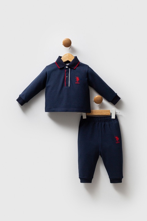 U.S. Polo Assn., Set de bluza polo din bumbac si pantaloni de trening relaxed-fit - 2 piese, Rosu/Bleumarin