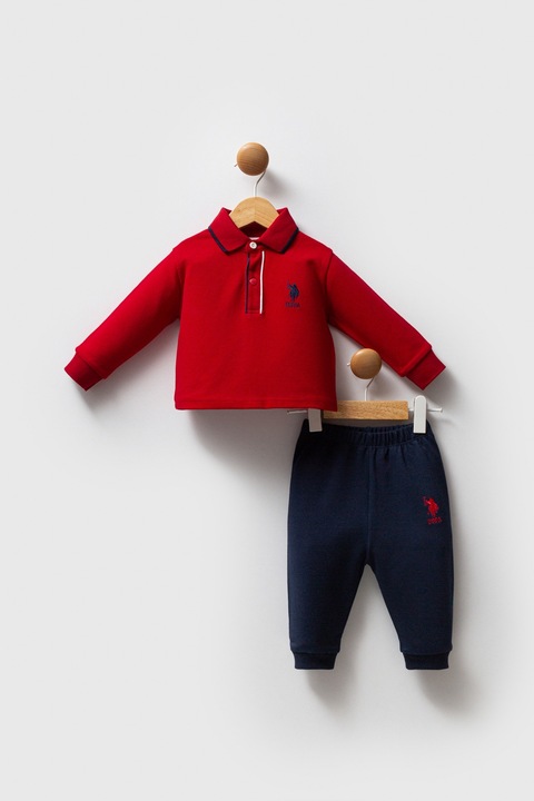U.S. Polo Assn., Set de bluza polo din bumbac si pantaloni de trening relaxed-fit - 2 piese, Rosu/Albastru ultramarin