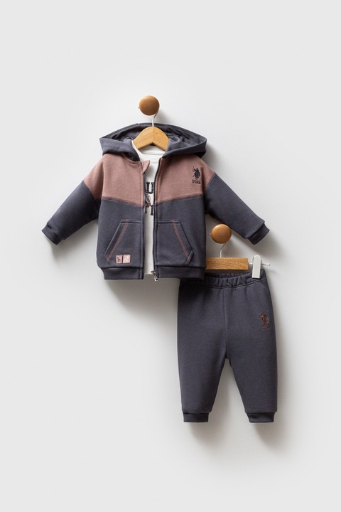 U.S. Polo Assn., Set de imbracaminte cu design colorblock - 3 piese, Alb/Maro/Gri antracit