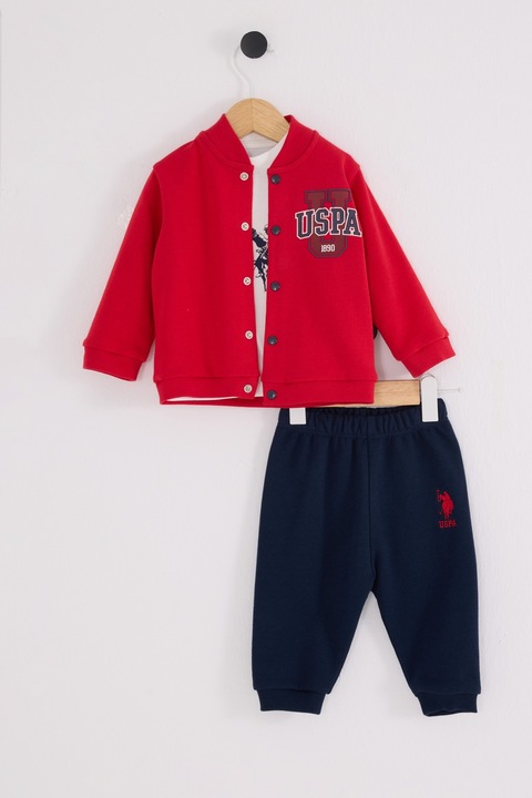U.S. Polo Assn., Set de imbracaminte cu imprimeu logo - 3 piese, Albastru ultramarin/Rosu vermillion/Alb murdar