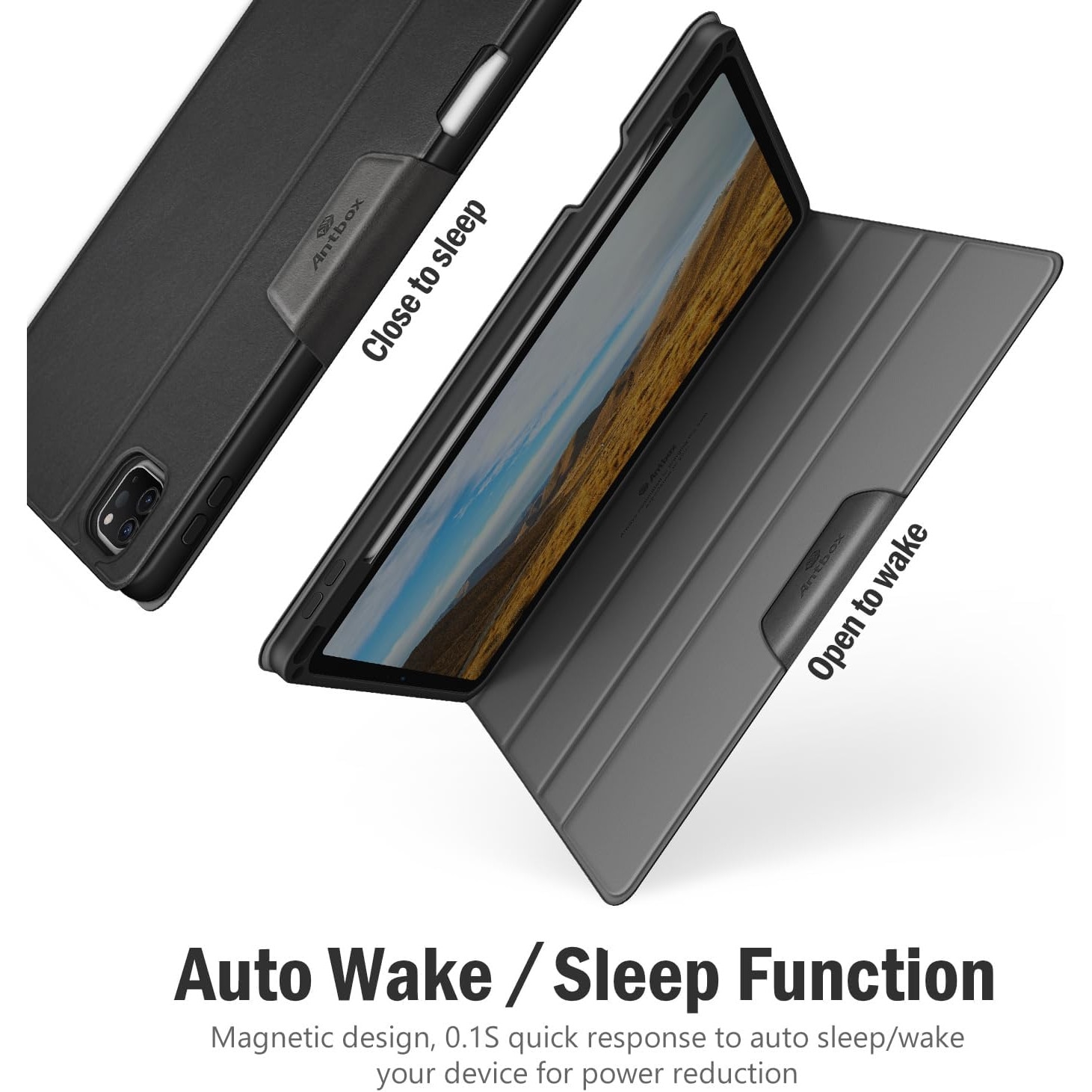 Husa pentru tableta iPad Pro 12.9" (2022/2021/2020/2018) – Compatibila cu Apple Pencil, Spate TPU Flexibil, Functie Auto Sleep/Wake, Suport Multi-Viewing si Protectie Completa, Neagra