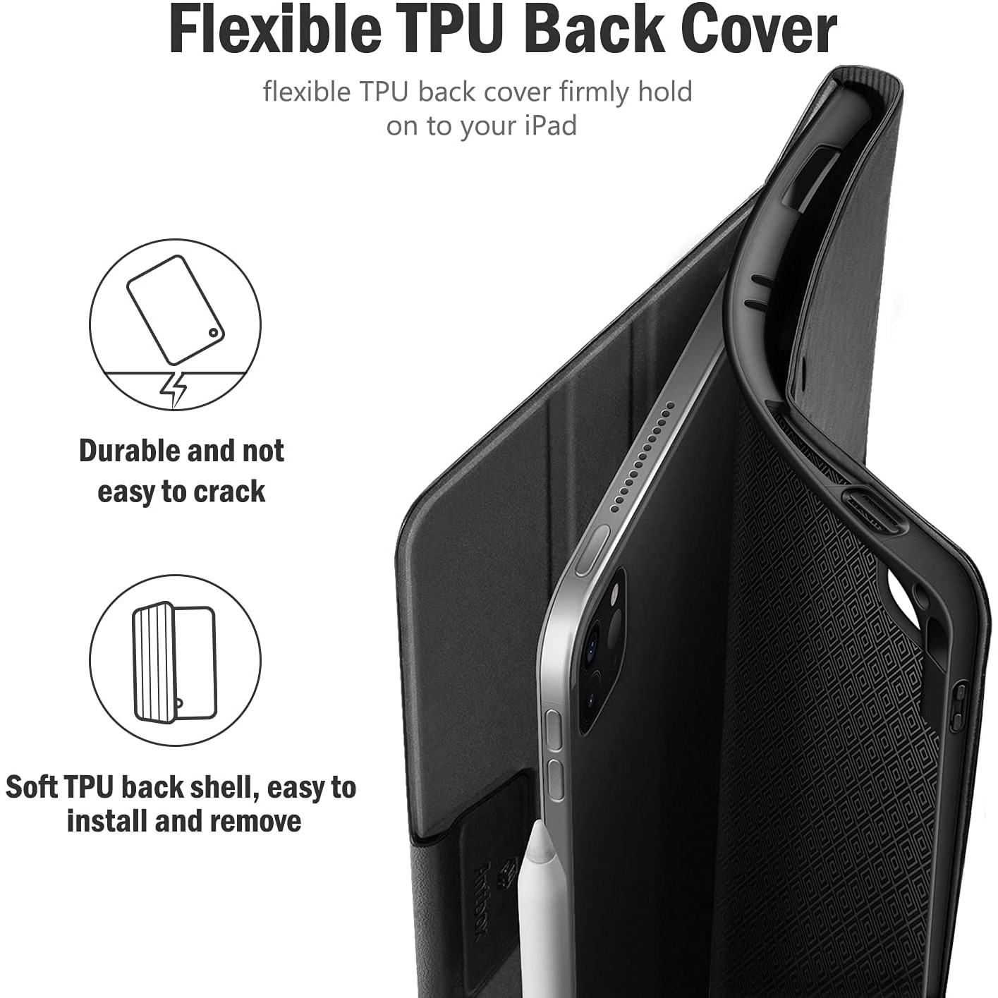 Husa pentru tableta iPad Pro 11” (2021/2020, Generatia 2) – Compatibila cu Apple Pencil, Spate TPU Flexibil, Functie Auto Sleep/Wake, Unghiuri Reglabile pentru Tastare si Vizualizare, Neagra