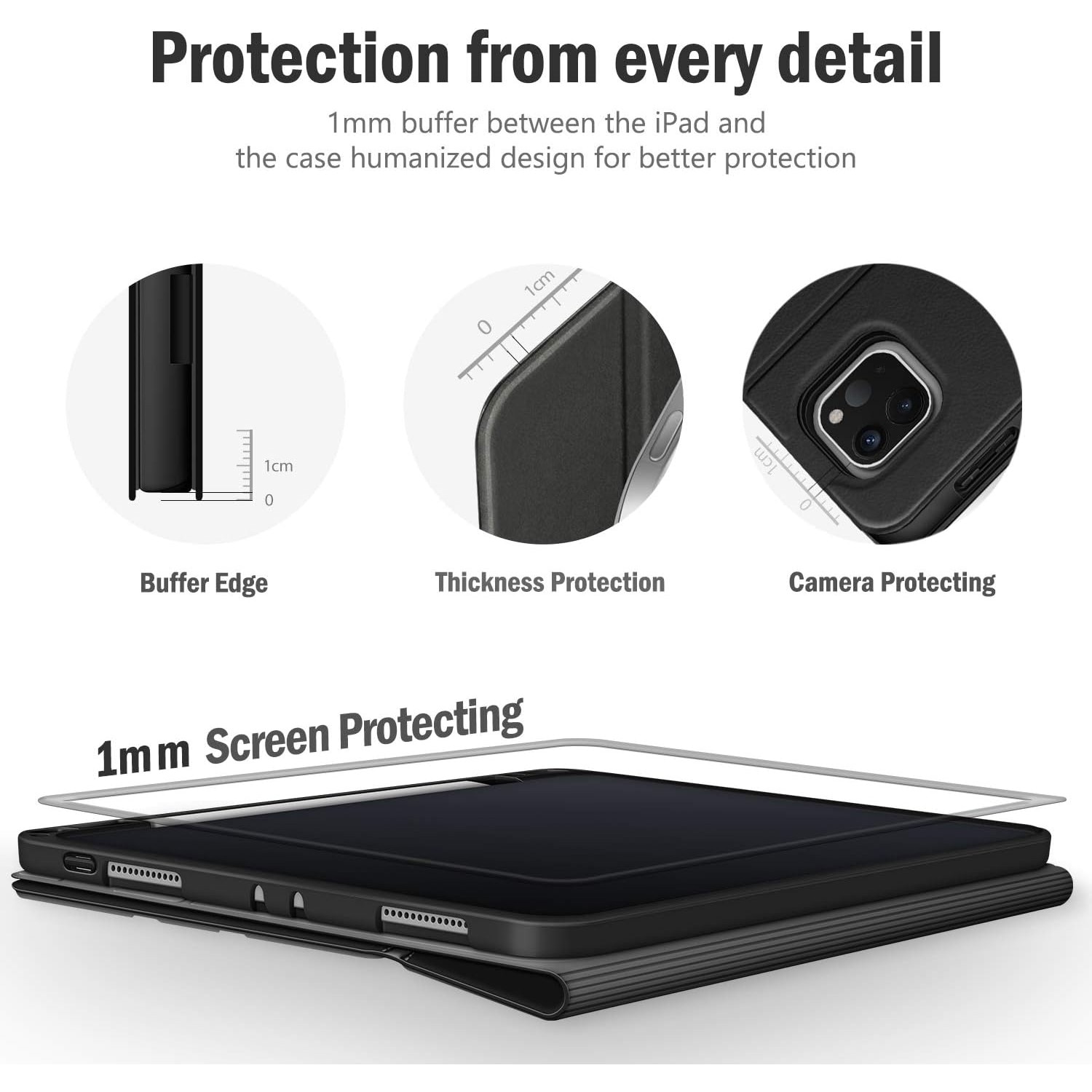 Husa pentru tableta iPad Pro 11” (2021/2020, Generatia 2) – Compatibila cu Apple Pencil, Spate TPU Flexibil, Functie Auto Sleep/Wake, Unghiuri Reglabile pentru Tastare si Vizualizare, Neagra