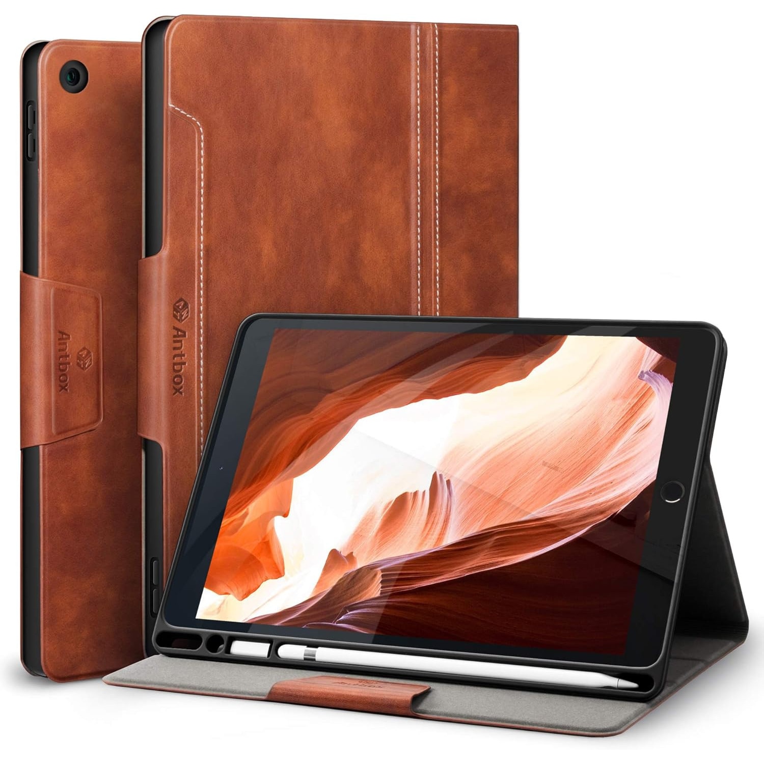 Husa pentru tableta iPad 10.2” (Generatiile 9/8/7) – Suport Apple Pencil, Spate TPU Flexibil, Functie Auto Sleep/Wake, Stand Ergonomic pentru Tastare si Vizionare, Maro