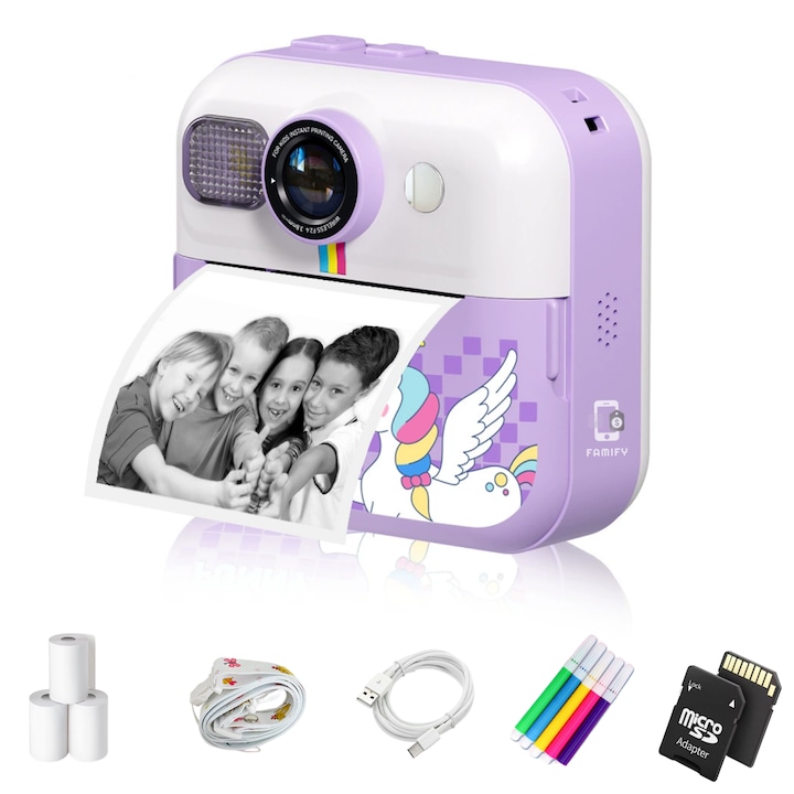 Camera Foto Instant pentru Copii, Famify, Multifunctionala, Rezolutie Foto 48MP, Filmare Full HD 1080P, Jocuri Educative, Muzica, Baterie 1500 mAh, Card SD 64GB, Incarcare USB, Stickere si Hartie Incluse, Snur pentru gat, Mov