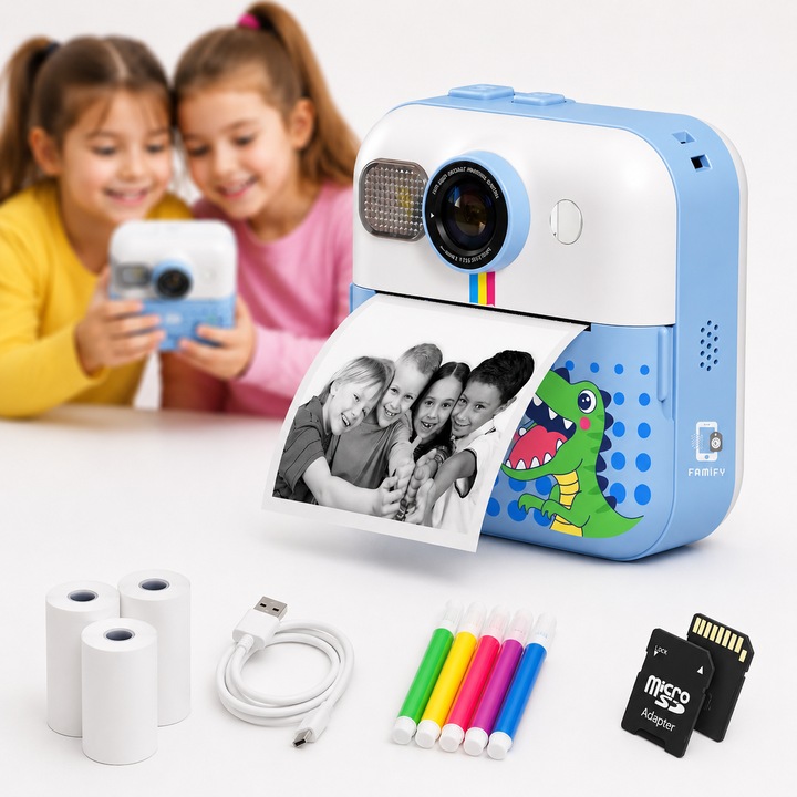 Aparat Foto Instant pentru Copii Famify, Camera Foto cu Imprimare Termica, Full HD, Card 64GB, Hartie Termica Inclusa, Albastru