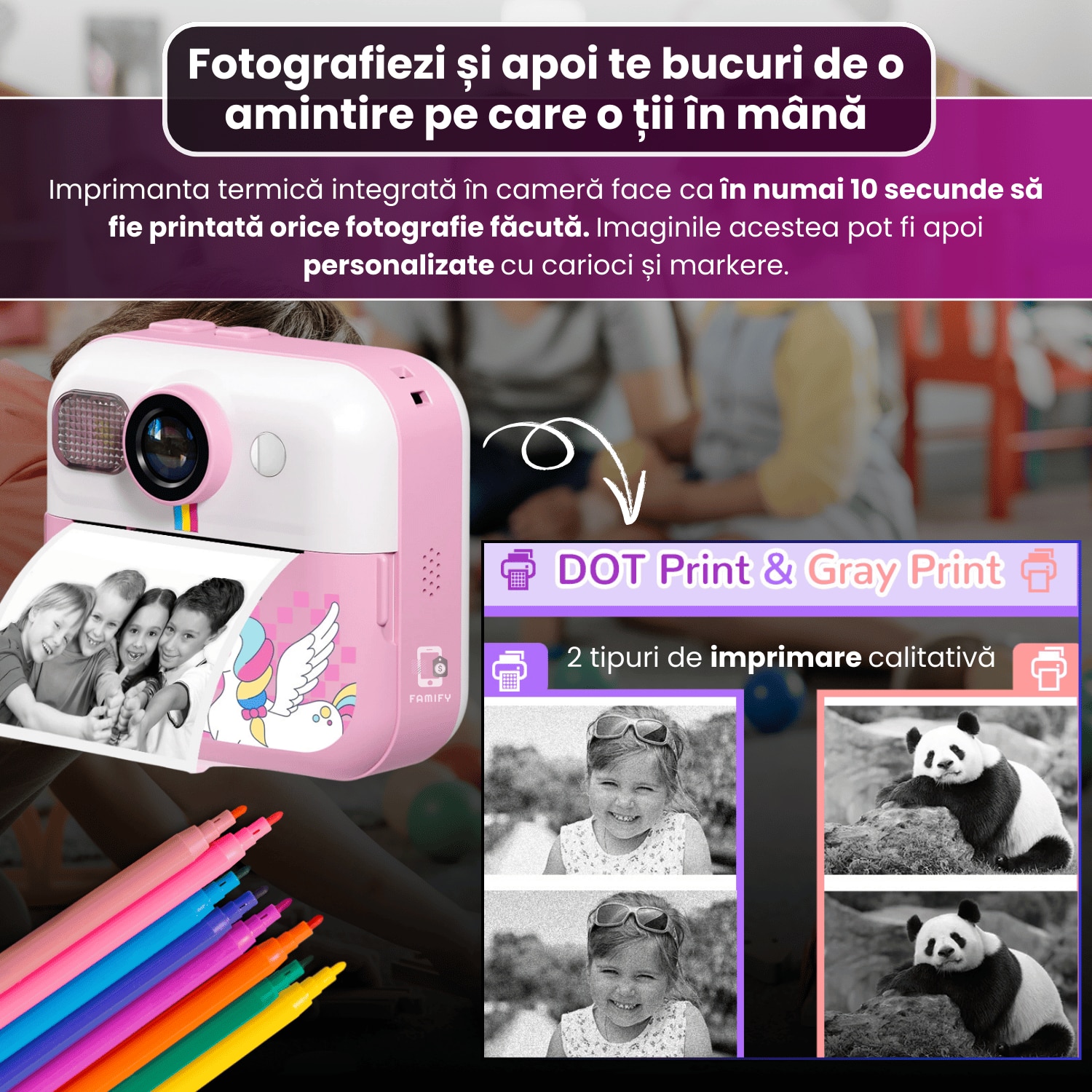 Camera Instant pentru Copii Famify, Aparat Foto cu Printare Instant ...