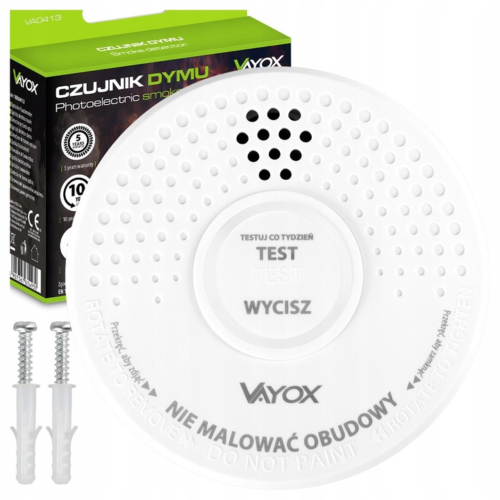 Detector de Fum cu Senzor Fotoelectric Vayox VA0413, Alarma Puternica 85dB, Autotestare Automata, baterie inlocuibila, Lumina LED, Pentru Casa, Alb Mat