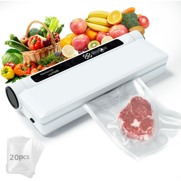 Masina de Vid pentru Alimente, Pompa de Aspiratie 75KPA Puternica, Functii Uscat si Umid, Set cu 20 Geamane de Sigilare, Timer Digital cu Numaratoare Inversa, Design Compact si Usor de Manipulat, Perfect pentru Bucataria Acasa