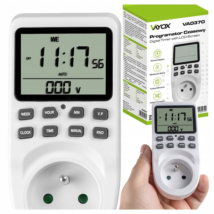 Timer de priza Vayox VA0370, interval 1 minute, Ecran LCD, 20 programe de actiune diferite, Alb