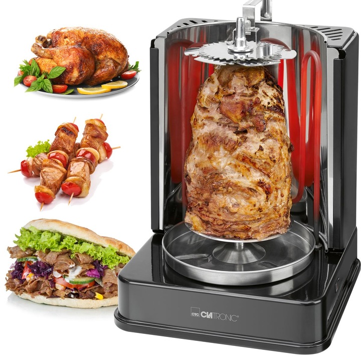 Clatronic elektromos függőleges forgónyárs, kebabhoz/gyroshoz/dönerhez, 6 acélnyárs, 360 fokos forgatás, csepptálca, fényjelző, könnyen használható, fekete