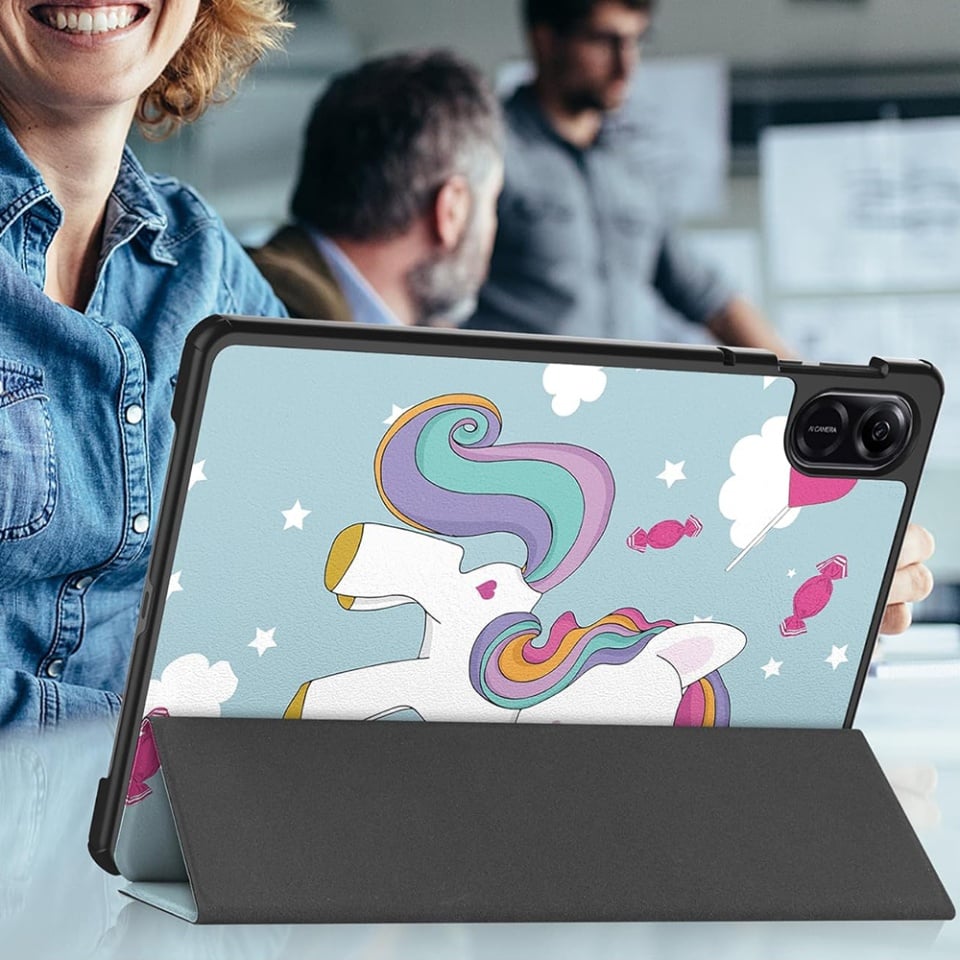Husa tableta pentru Honor Pad X9 / X8 Pro, SKYDDAR INNOVATION, cu suport Multi-Unghi si functie Sleep/Wake, FoldPro, Unicorn, set cu sticker