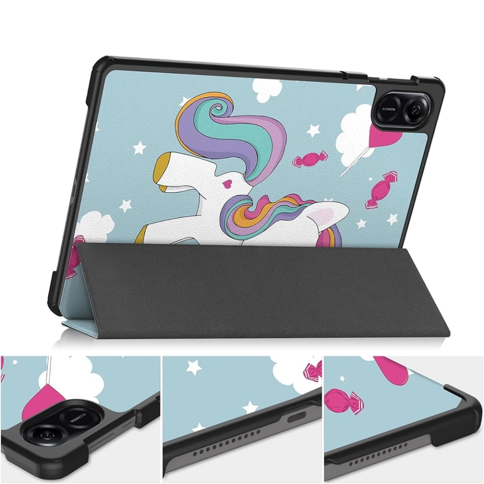 Husa tableta pentru Honor Pad X9 / X8 Pro, SKYDDAR INNOVATION, cu suport Multi-Unghi si functie Sleep/Wake, FoldPro, Unicorn, set cu sticker