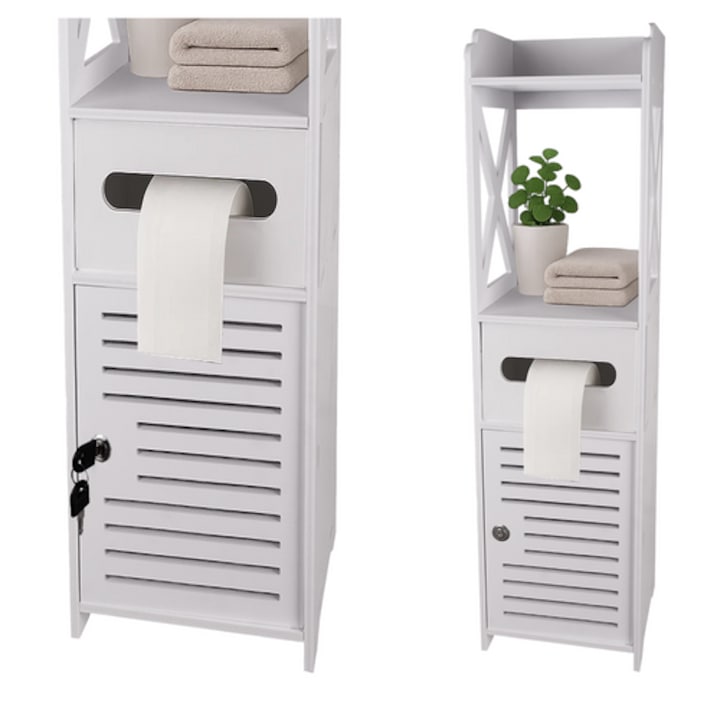 Свободностоящ шкаф за баня, с държач за тоалетна хартия, заключващ се, 80x2x2 см, компактен и стилен дизайн