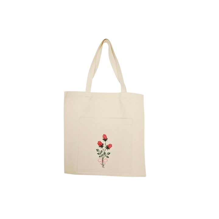 Sacosa textila cu trandafiri, Casa Bumbac Textil by Edural, 45 x 45 cm, broderie, 100% bumbac doc