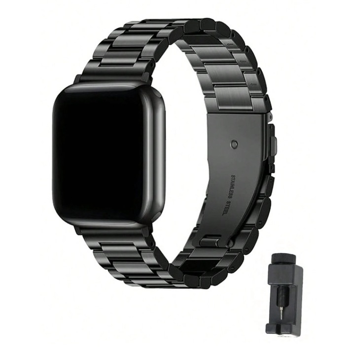 Curea Ceas Barbati Negru Compatibila Apple Watch Seria 1–9, SE, Ultra/Ultra 2, 42–49 mm, Reglabila, + Dispozitiv Reglare Cadou