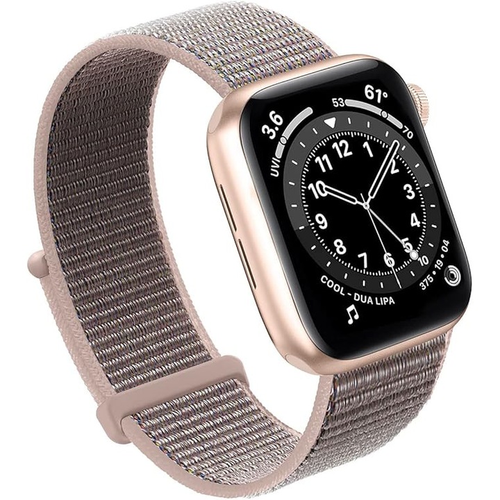 Curea sport din nailon roz-pudrat compatibila Apple Watch 42/44/45 mm – reglabila cu prindere velcro, unisex