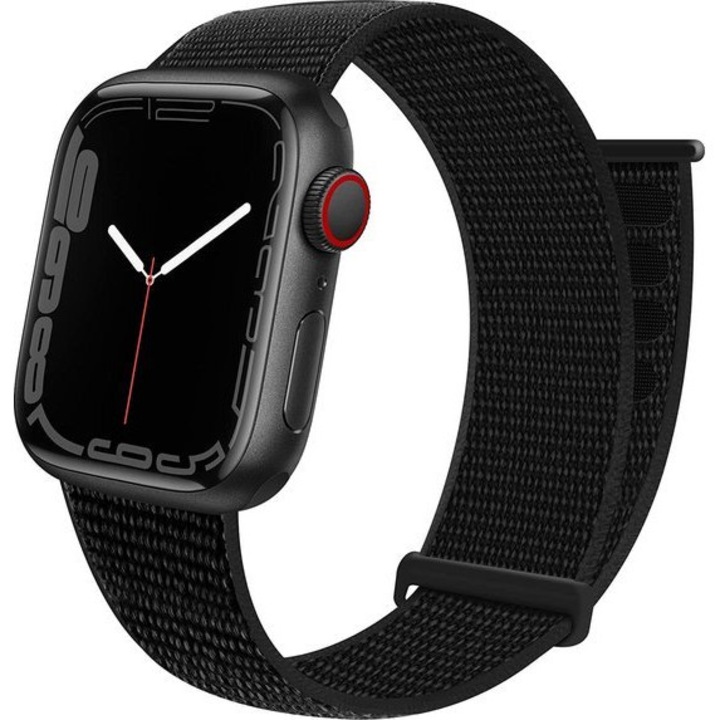 Curea sport din nailon negru cu prindere velcro, compatibila Apple Watch 42/44/45 mm – Unisex, reglabila, confort maxim