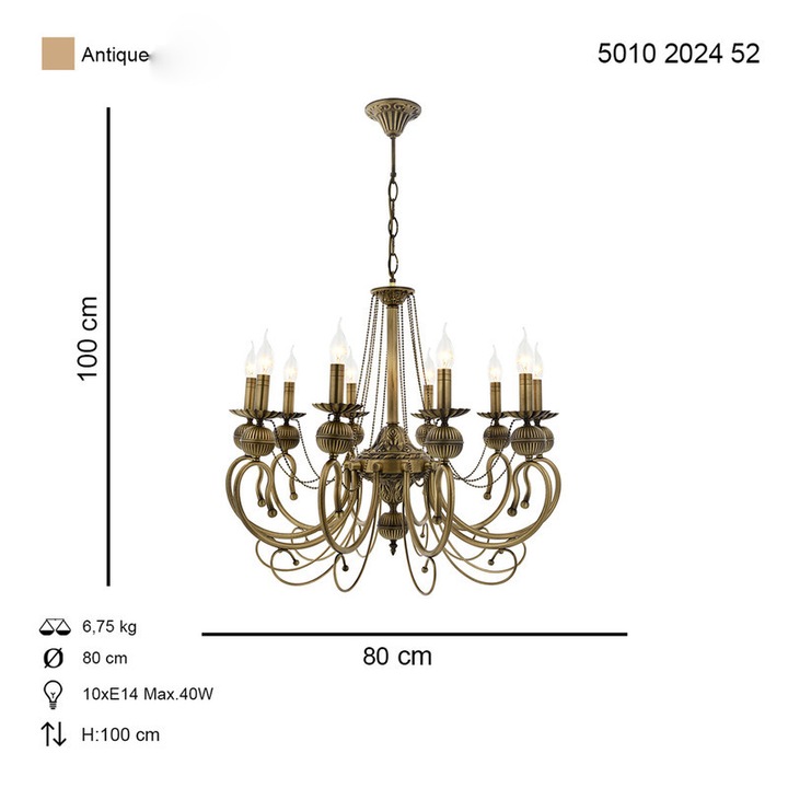 Lustra HubRom, KASGAR 5010-2024-52 80x80xHmax100 cm 10xE14-40W Antik