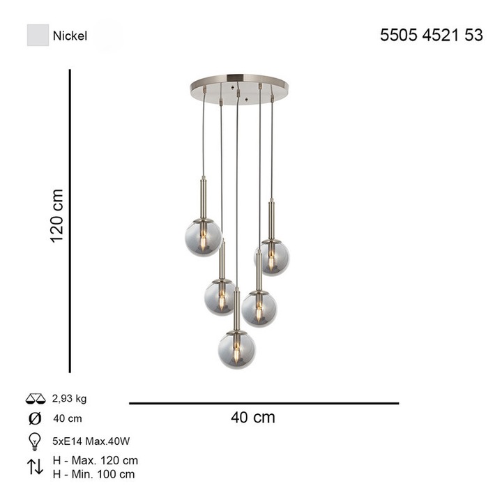 Lustra HubRom, HELYUM 5505-4521-53 40x40xHmax120 cm 4xE14-40W Szatén króm