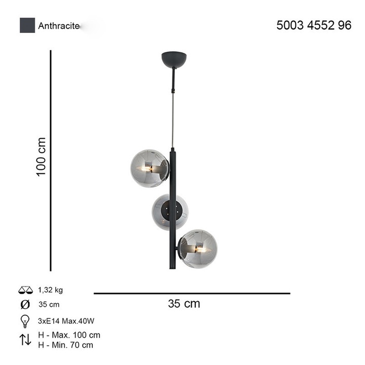 Lustra HubRom, EYLUL 5003-4552-96 35x35xHmax100 cm 3xE14-40W Antracit