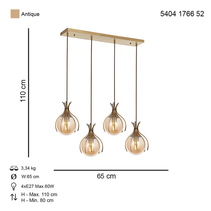 Csillár HubRom, PENCE 5404-1766-52 65x65xHmax110 cm 4xE27-60W Antik