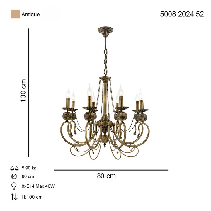 Csillár HubRom, KASGAR 5008-2024-52 80x80xHmax100 cm 8xE14-40W Antik