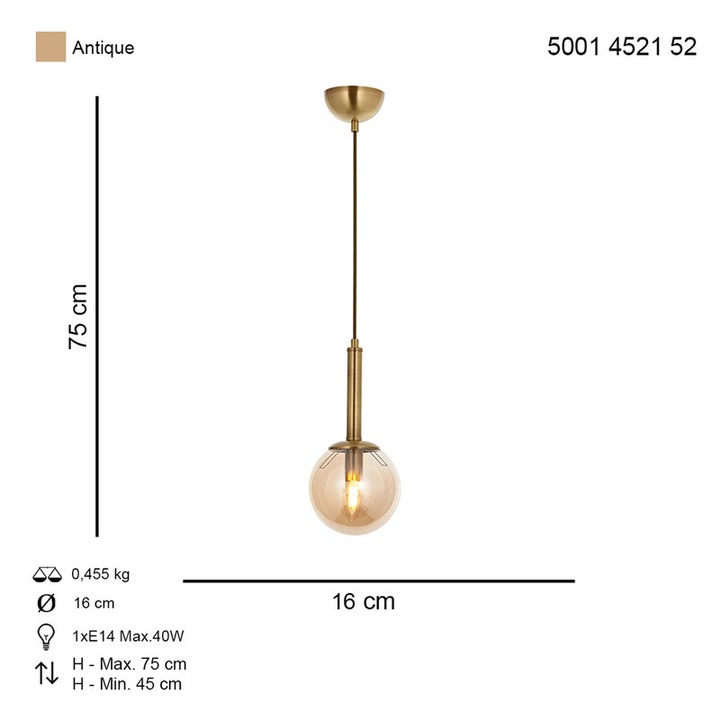 Lustra HubRom, HELYUM 5001-4521-52 16x16xHmax75 cm 1xE14-40W Antik