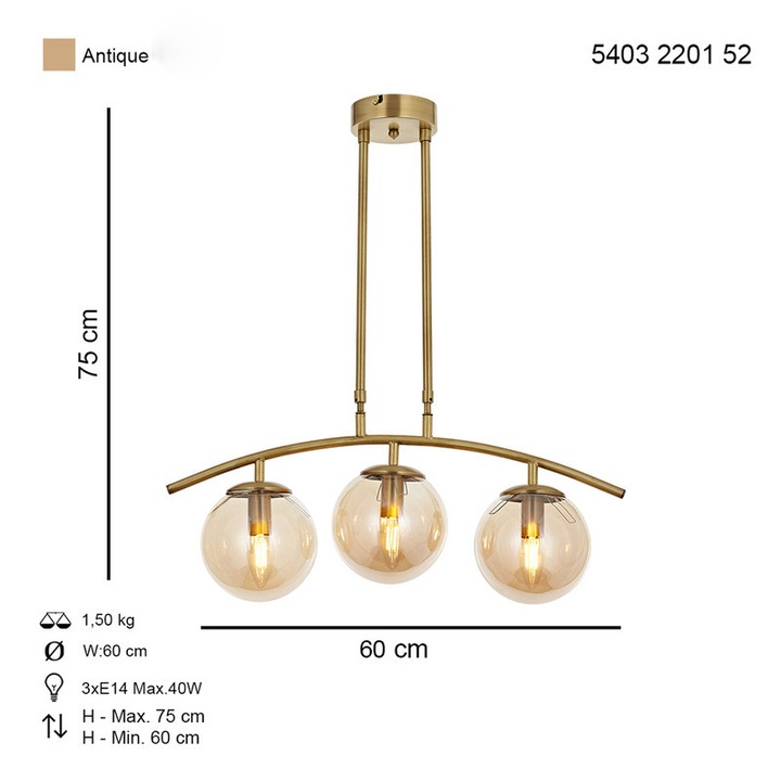 Csillár HubRom, OZEN 5403-2201-52 60x60xHmax75 cm 3xE14-40W Antik