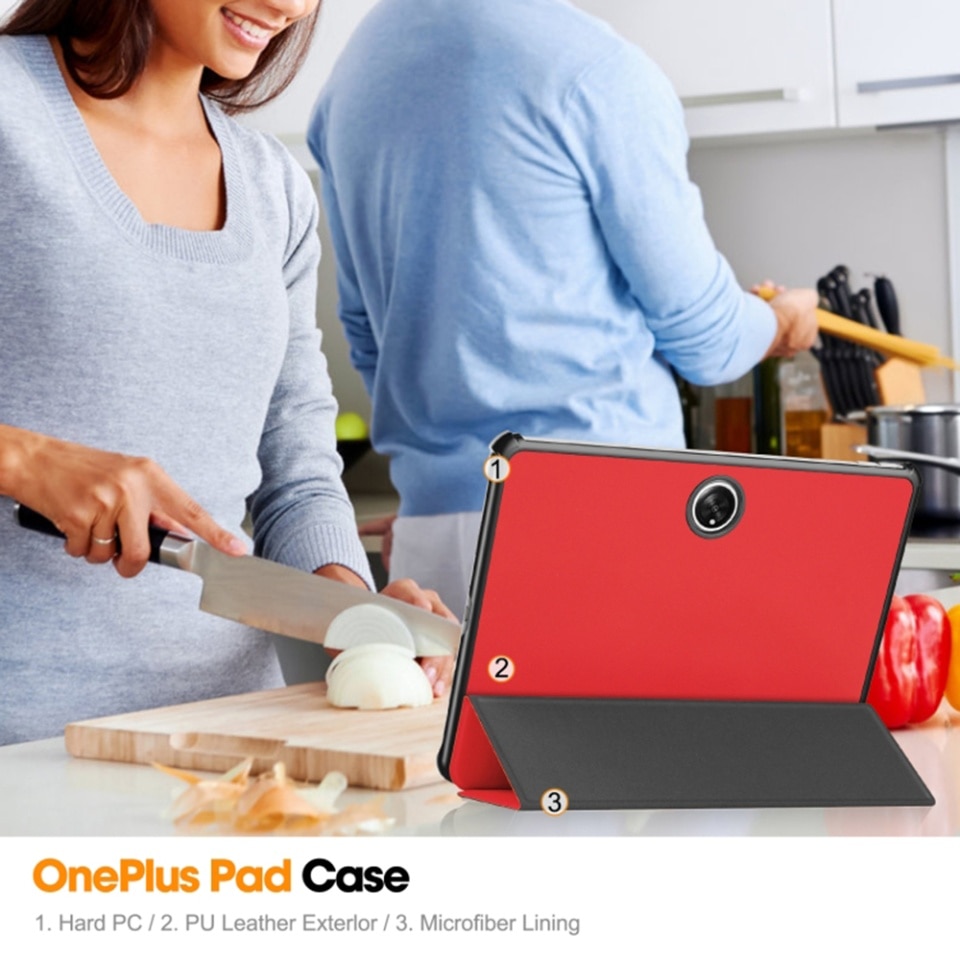 Husa tableta pentru OnePlus Pad, SKYDDAR INNOVATION, cu suport Multi-Unghi si functie Sleep/Wake, FoldPro, Rosu, set cu sticker
