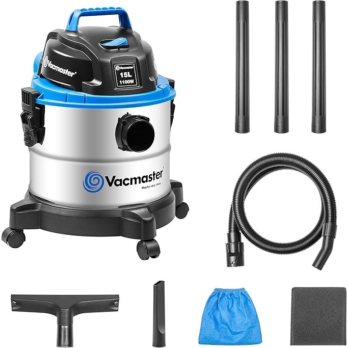 Aspirator umed/uscat Vacmaster VQ1115S, Functie de suflare, Aspirator uscat si umed fara sac, Otel inoxidabil, 1100 W, 15 litri, 70 decibeli
