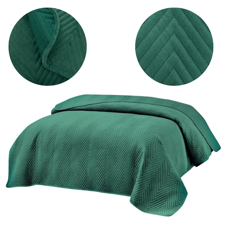 Cuvertura De Pat Decorativa, Catifea Embosata, 220 cm x 240 cm, Material De Inalta Calitate, Placuta La Atingere Si Antiderapanta, Usor De Spalat, Nu Isi Pierde Forma Sau Culorile, Certificata Oeko-Tex Standard 100, Verde Sticla