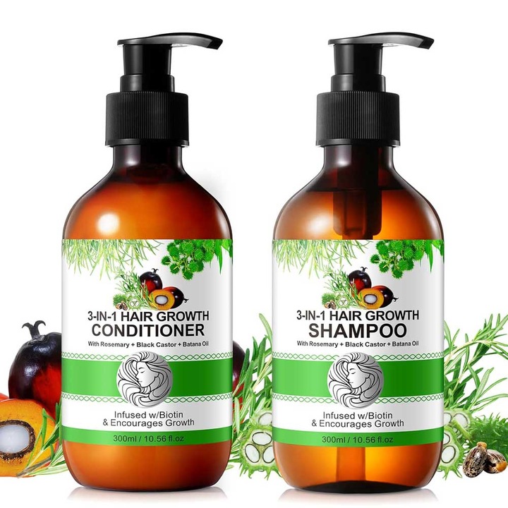 Set Crestere Par cu Sampon si Balsam 3 in 1 Rozmarin, Ricin, Batana, NOVA KISS® 2 x 300 ml