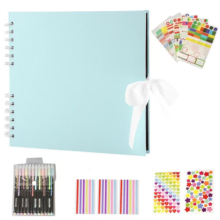 Album foto DIY cu accesorii, LanpoVista, 80 de fotografii, albastru deschis, 305 x 215 mm