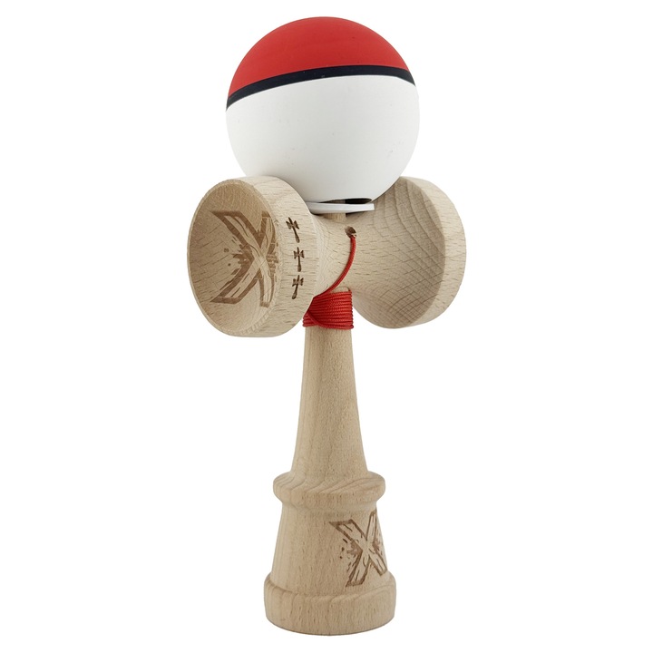 Kendama X Originala, Profesionala, Flippy, Cupe Mari KING SIZE V3, Rubber Grip, Gaura in Baza, Rulment Metalic, din lemn 18 cm, Ata 62/65 cm, S Bicolor Rosu/Alb