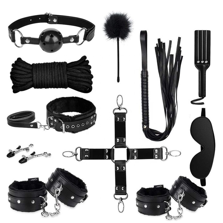 Set BDSM 11 Piese, pentru cupluri, Piele Ecologica, CATUSE, Legaturi Pat, Cleme Sfarcuri, Bici, Gag, Ochelari, Negru