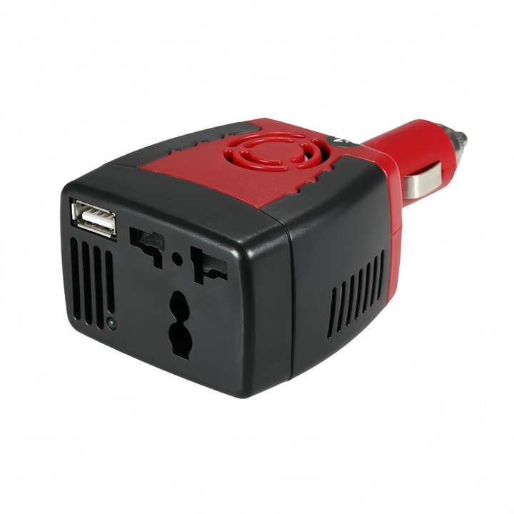 Invertor de tensiune auto, SPARKZA, DC 12V la AC 220V, 150Wsi USB 2.1, Adaptor priza EU/USA, Rosu/Negru