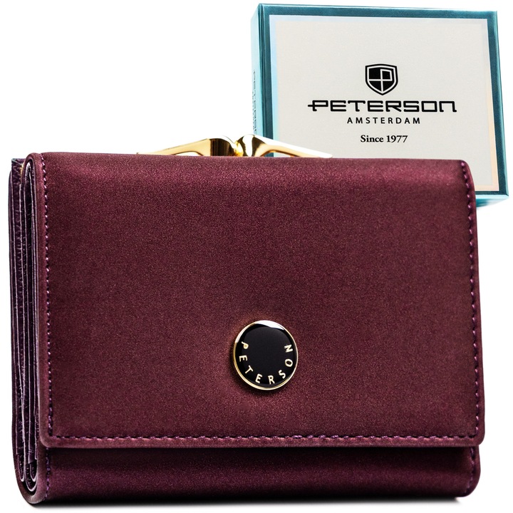 Portofel Dama, Peterson, 12.5x9x3 cm, Piele Naturala Si Piele Ecologica, Protectie RFID, 1 Compartiment Pentru Monede, 10 Sloturi Pentru Carduri, Cutie Eleganta, Mov