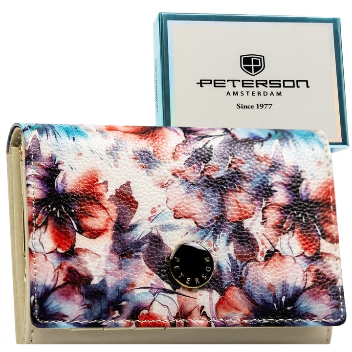 Дамско портмоне, Peterson, Флорален модел, 13x9x3 см, Естествена кожа и Екологична кожа, RFID защита, 1 отделение за монети, 4 отделения за банкноти, Елегантна кутия, Синьо