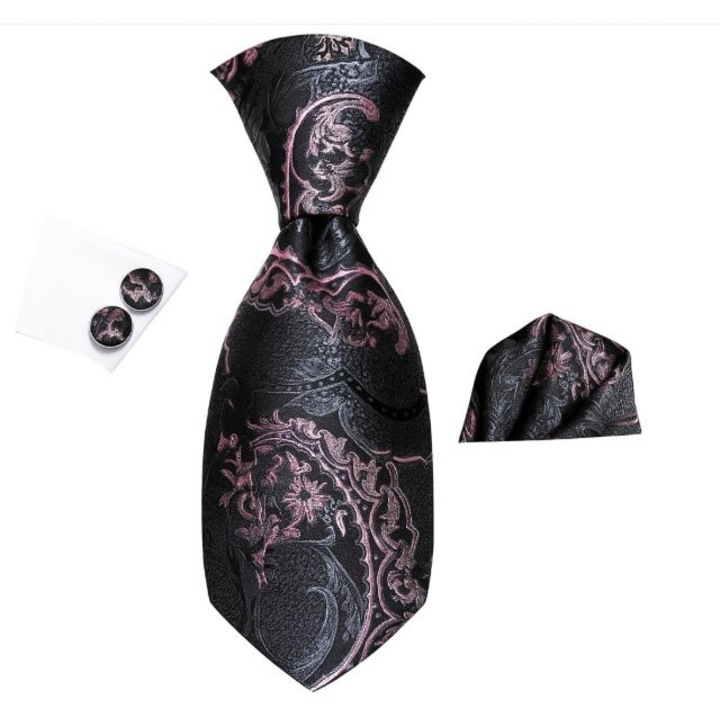 Комплект вратовръзка коприна/ кърпичка/ копчета за ръкавели, тъмно сиво с розово, SCR007