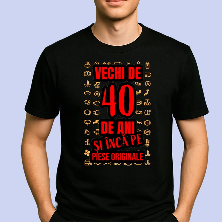 Tricou aniversar cadou cu varsta si mesaj Vechi de 40 de ani si inca pe piese originale, Barbat, 100% bumbac, Cri-Flo, Culoare Negru, Marime XL