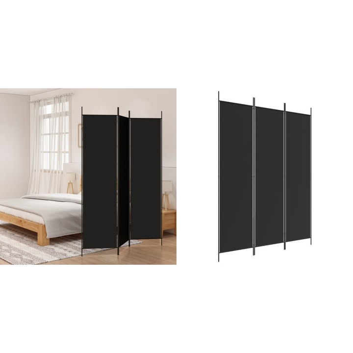 Paravan de camera cu 3 panouri, negru, 150x200 cm, textil